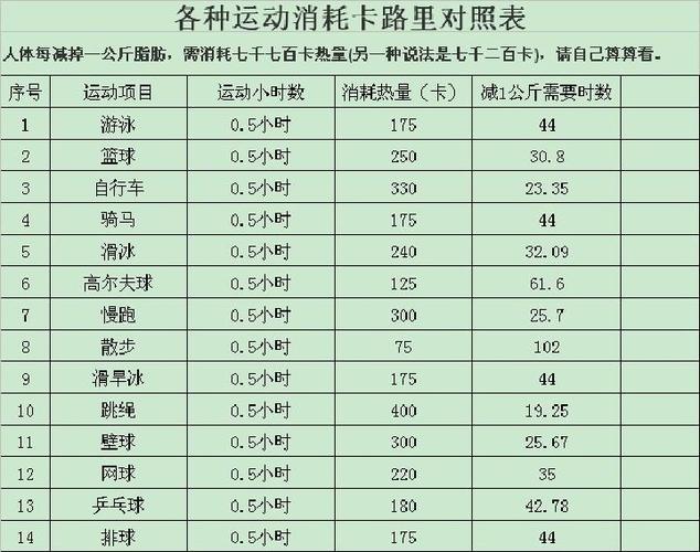 各类运动消耗卡路里